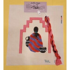 Sundance Designs Needlepoint Handpainted Canvas Tish Woman With Pottery Pink Red